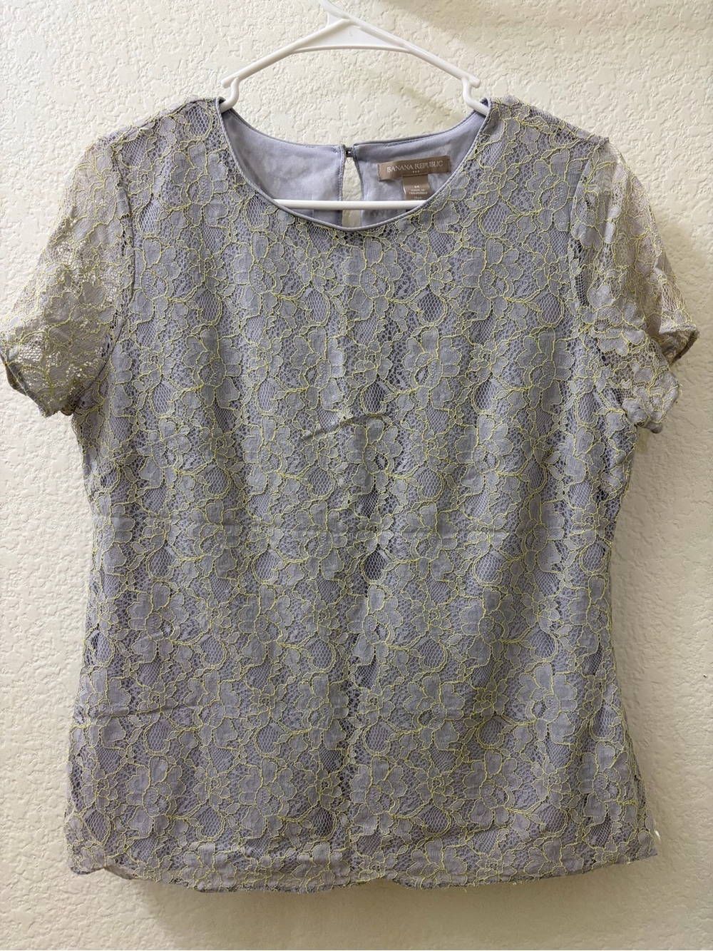 Banana Republic Gray Lace Short Sleeve Blouse with Subtle Yellow Accents